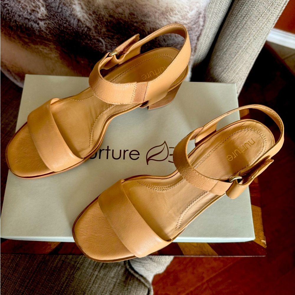 Nurture Shawna /Tan Brown Leather Open Toe, Strapping Career Heels